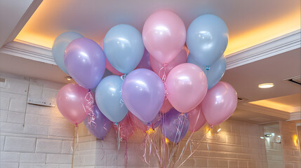 Joyful pastel balloons float towards a bright ceiling, symbolizing celebration and happiness.
