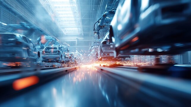 Robotic assembly line in modern car factory with sparks flying - Powered by Adobe