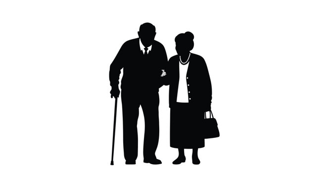 Silhouette of an elderly couple standing closely together holding hands