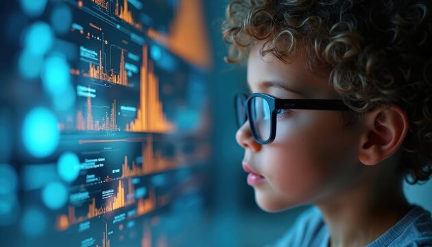 Kid with glasses looks at futuristic screen with data. Boy researches diagrams charts. Child explores digital tech, gains knowledge, learning about future science, artificial intelligence, neural