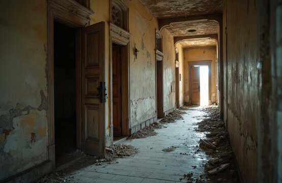 Corridor in old abandoned building with scary open doors. Creepy hallway with debris, decay on walls, ruined floor. Light shines from end of a long dark passage in a haunted mansion.
