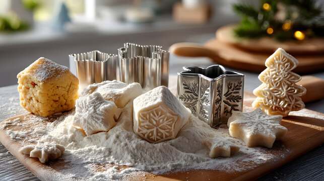 Festive holiday cookie cutters and dough shapes dusted with flour, ready for baking.