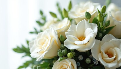 Obraz premium Fresh white roses, eustoma blooms, green buds form pretty bouquet. Delicate petals, vibrant foliage arranged for wedding, celebration, or special event. Bright light highlights elegant floral display.