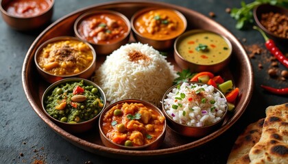 Indian traditional veg thali meal with assorted dishes. North Indian cuisine with rice, dal, curry, naan bread. Complete spicy vegetarian plate, delicious, balanced lunch. Colorful food platter