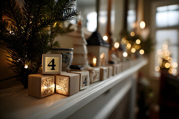 Cozy Christmas advent calendar with glowing lights on a mantelpiece, celebrating the festive season.