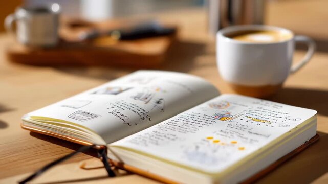 A notebook is open on a table with a cup of coffee next to it. The notebook is filled with notes and drawings, and the coffee cup is half full