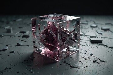 Cube glass crack on the floor background