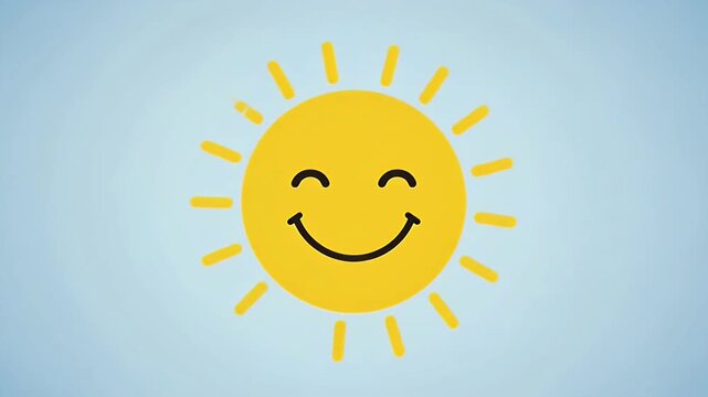 A vibrant, cheerful animated sun graphic radiates warmth and happiness against a soft blue background. The friendly yellow sun features a delightful, simple smiling face with closed eyes, conveying a 