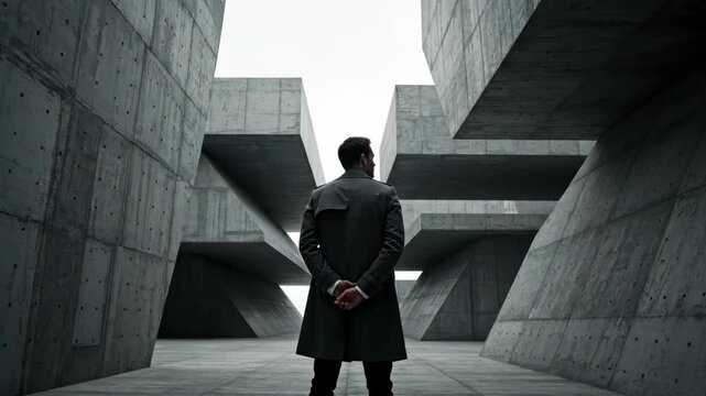 Rear view of man in grey coat standing between massive concrete geometric structures looking at bright light symbolizing dystopian future isolation and architectural mystery in brutalist urban environ
