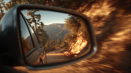 Fototapeta premium A moving car’s side mirror reflecting a beautiful passing landscape, blending motion blur, natural scenery, and dynamic travel vibes in a cinematic