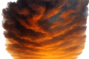 Dramatic dark clouds with bright orange sky, fiery sunset producing intense evening atmosphere, isolated on transparent background