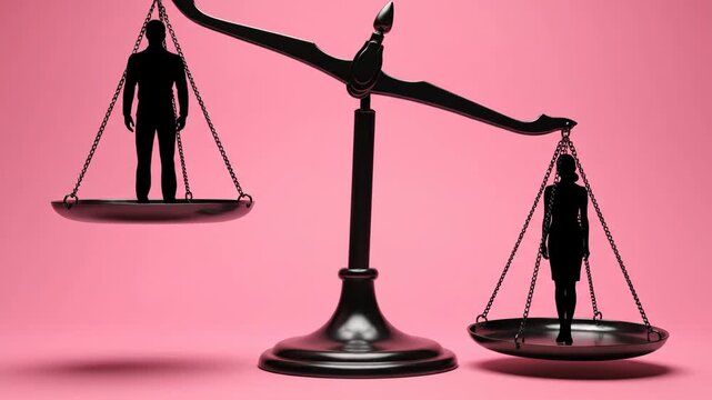 Silhouette figures of man and woman standing on unbalanced weighing scale with male side heavier symbolizing gender pay gap inequality and social discrimination in business corporate employment concep