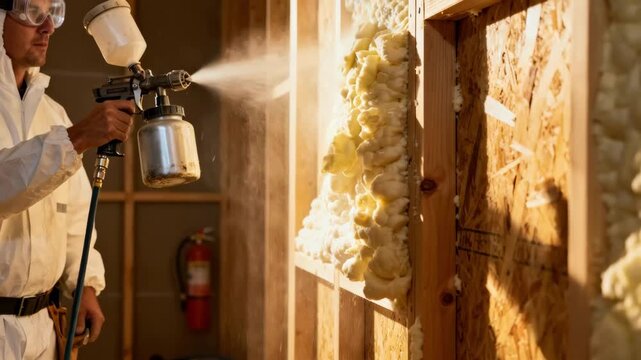 Closeup medium shot of a worker spraying intumescent fireretardant foam along a wall frame to enhance fire resistance.