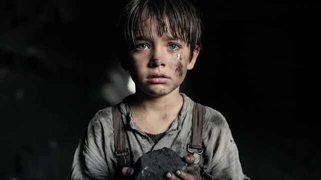 Portrait of sad dirty young boy holding black coal piece in hands looking at camera with soot on face symbolizing child labor poverty and historical industrial revolution hardships