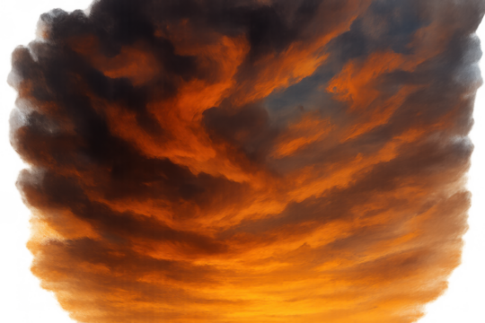 Dramatic dark clouds with bright orange sky, fiery sunset producing intense evening atmosphere, isolated on transparent background