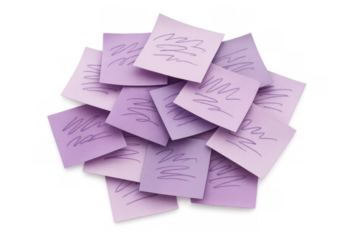 Pile of purple and pink sticky notes with scribbled lines, concept of memos, reminders, tasks, and organization on transparent background