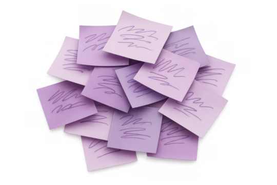 Pile of purple and pink sticky notes with scribbled lines, concept of memos, reminders, tasks, and organization on transparent background