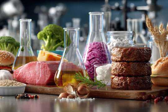 Culinary ingredients arranged artistically on a wooden board in a modern kitchen