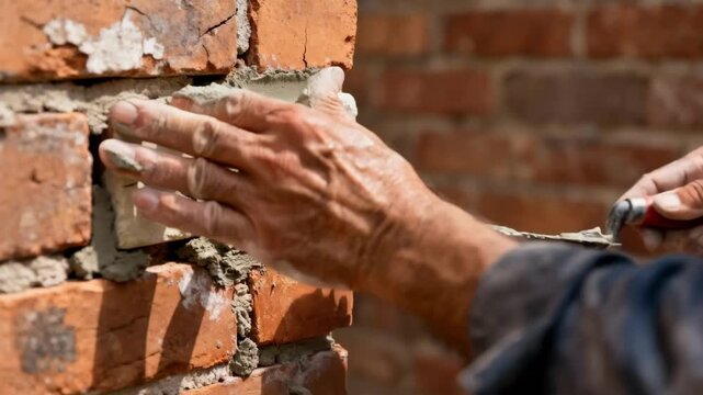 Closeup of mason applying fresh lime and cement mortar to aged brick joints restoring structural integrity with precise craftsmanship.