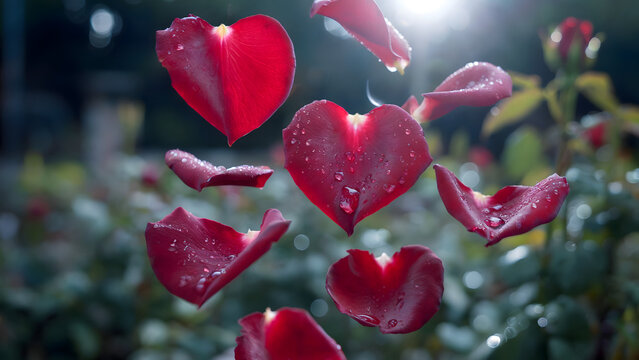 Falling red rose petals with water drops, flying wet flower leaves, romantic nature garden background, sun bokeh motion blur, for wedding, valentine, love, spa.