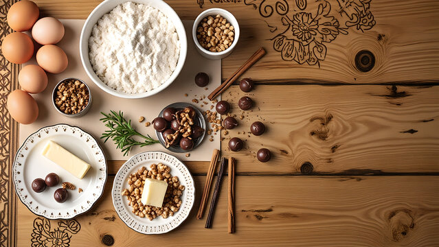 ingredients for Christmas baking on a wooden table - Powered by Adobe