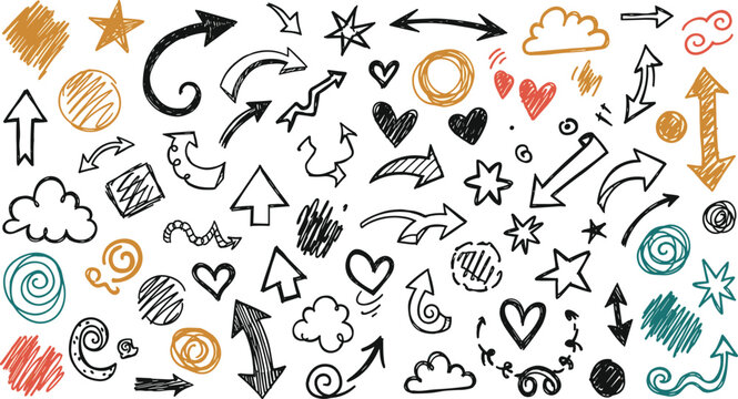 Handdrawn doodle elements featuring arrows, hearts, stars, and clouds, creating a playful and whimsical design isolated on white background