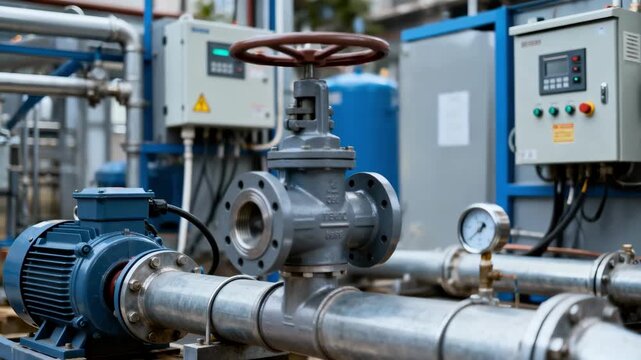 Medium shot showing a selfadjusting automated valve modulating water pressure for urban pipeline management with industrial equipment in background