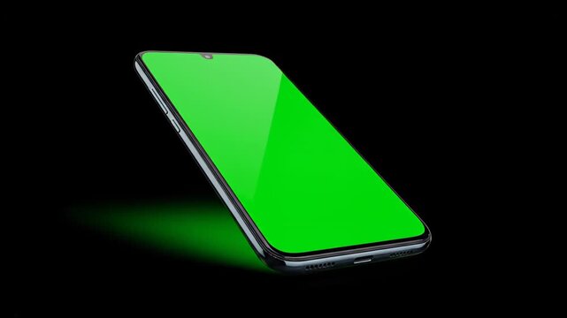 Contemporary smartphone showcasing a chroma key green screen floating and twirling in a dimly lit environment. Ideal for displaying a mobile app or website design