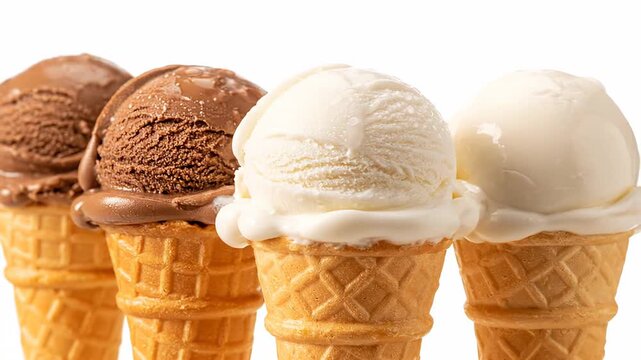 Lineup of delectable chocolate and vanilla ice cream cones melting gently in the summer heat. This sweet treat features scoops of gelato in a bright and isolated setting against a white background