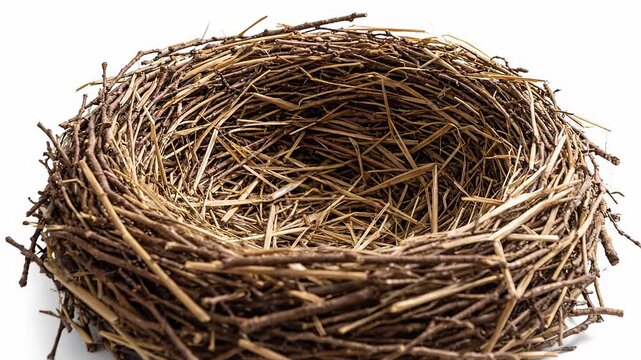 Close up shot of an abandoned bird's nest consisting of tangled twigs and straw. As the camera zooms in gradually, the intricate weaving of the nest comes into focus