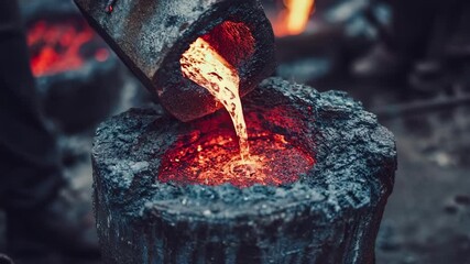 Closeup of artisan pouring molten bronze into a lost wax mold capturing intricate detail of the traditional sculpture casting process.