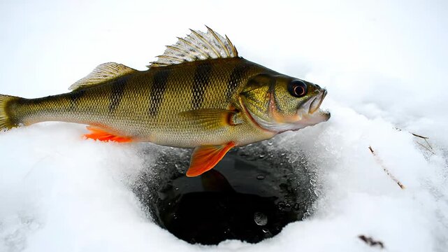 Closeup of a freshly caught yellow perch lying on the snow. The fish is next to a hole drilled in the ice of a frozen lake during winter