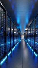 Explore a modern data center with glowing blue lights, showcasing powerful servers for cloud computing and innovative technology solutions