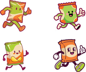 Running snack bag characters with happy faces and thumbs up gesture on transparent background