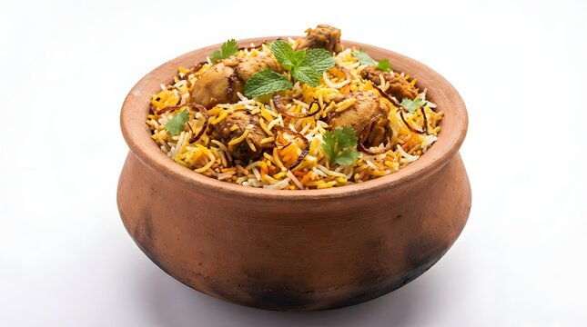 Traditional hot steaming chicken biryani served in a clay pot (handi), isolated on a white background, garnished with mint and fried onion.