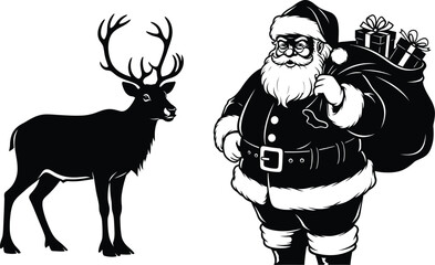 Santa claus and reindeer silhouette on white background