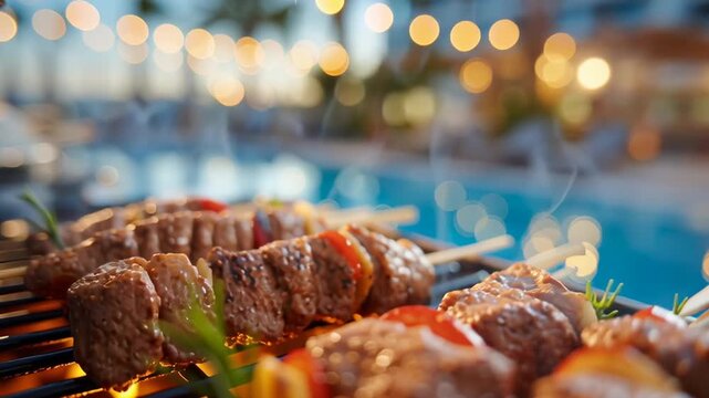 A grill with skewers of meat and vegetables on it, with a pool in the background. Scene is relaxed and inviting, as it seems like a perfect summer evening for a barbecue by the pool