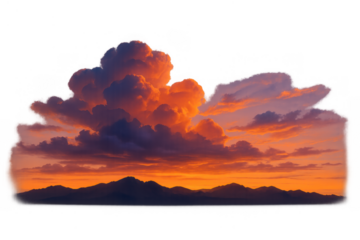 Dramatic sunset sky with vibrant orange and purple storm clouds above dark mountain silhouette, transparent background