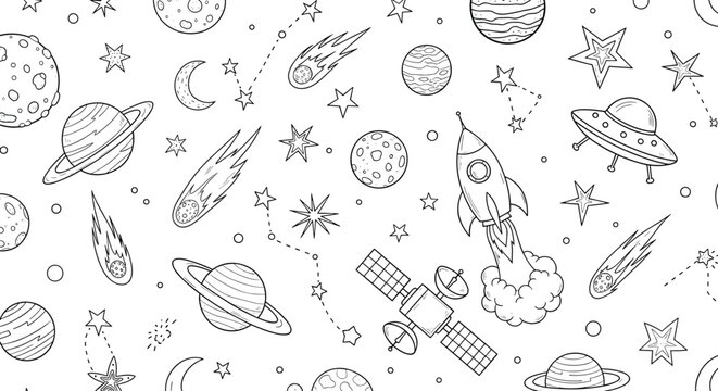 Seamless space pattern with planets, stars, rocket, satellite, comet, ufo, constellation isolated on white background hand drawn doodle sketch style