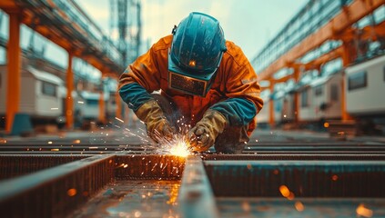 Professional Welder Working on Metal Structure with Protective Gear and Sparks, Industrial Construction and Manufacturing Site, Focus on Welding Process