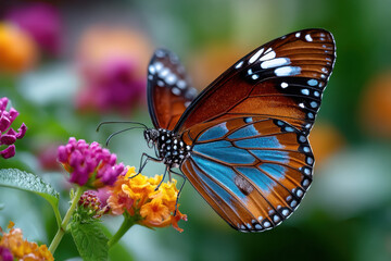 Obraz premium Butterfly with blue and orange wings on flower
