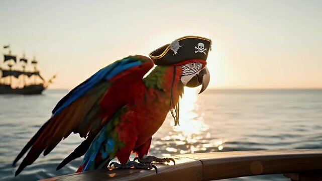 A vibrant, colorful parrot, likely a macaw, perches confidently on a rustic wooden railing, adorned with a playful black adventurer's hat featuring a traditional skull and crossbones emblem. The magni