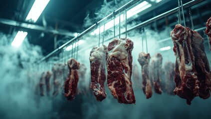 Fresh Raw Beef Meat Hanging in Cold Storage with Vapor, Food Safety and Preservation in a Commercial Refrigerator