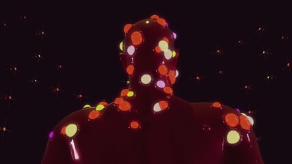 VJ loop Radiant Persona -  A futuristic abstract bust of a human figure, rendered in a glossy, dark purple, is adorned with numerous glowing pink, blue, and light purple orbs that punctuate its surfac - Powered by Adobe