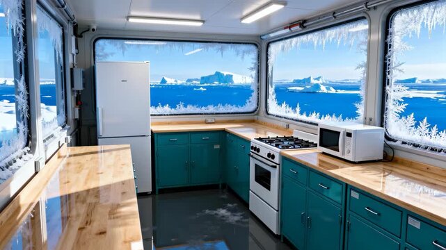 Ship's galley or kitchen with blue cabinets, a view of icebergs through frost-covered windows in a polar region