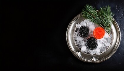 Black And Red Caviar On A Silver Plated Tray And On Ice Natural Delicacy Branch Of Spruce And Ice On A Tray Natural Omega Flat Lay Top View Copy Space