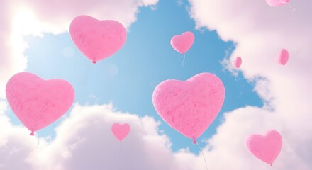 Pink heart balloons floating in a dreamy sky with soft clouds background