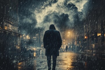 Person strolling in pouring rain with umbrella