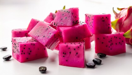 Vibrant Pink Dragon Fruit Cubes Scattered Across White Background Keywords Dragon Fruit Pitaya Pink Dragon Fruit Tropical Fruit Exotic Fruit