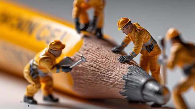 A group of men are working on a pencil, with one of them holding a hammer. The pencil is yellow and has a grey tip. The men are wearing orange clothing